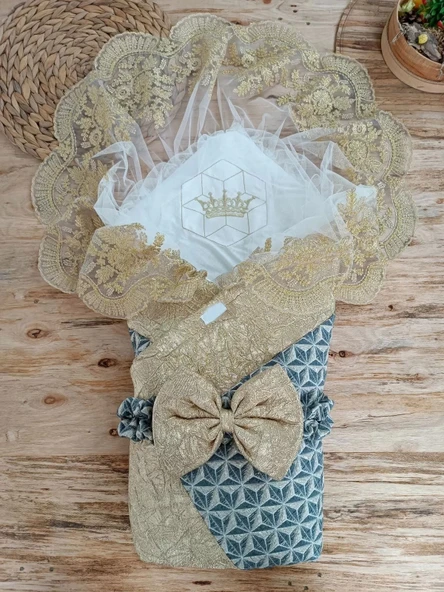 LitaeTrend Yenidoğan Ultralüks Piramit Desenli Güpürlü Bebek Battaniyesi Kundak Gold ürün görseli 1