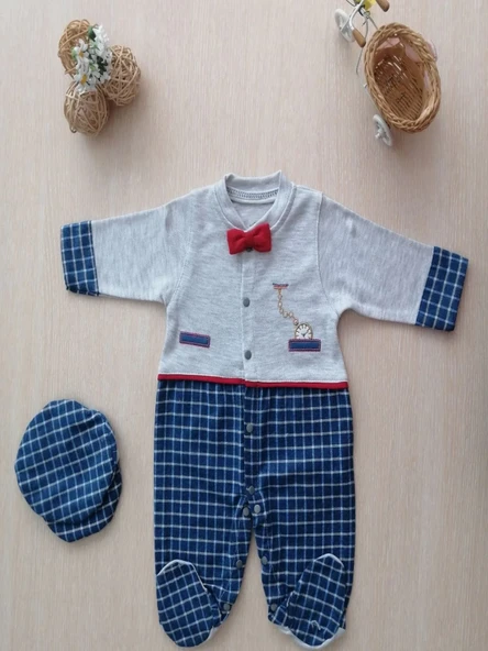 LitaeTrend 0-3 3-6 Ay Cep Saatli Kasketli Papyonlu Erkek Bebek Tulum Lacivert ürün görseli 1