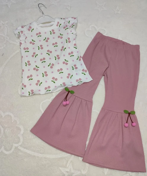 LitaeTrend 1-2-3-4 Yaş Kiraz Baskılı Tişört İspanyol Paçalı Likralı 2li Kız Çocuk Takımı Gül Kurusu ürün görseli 1