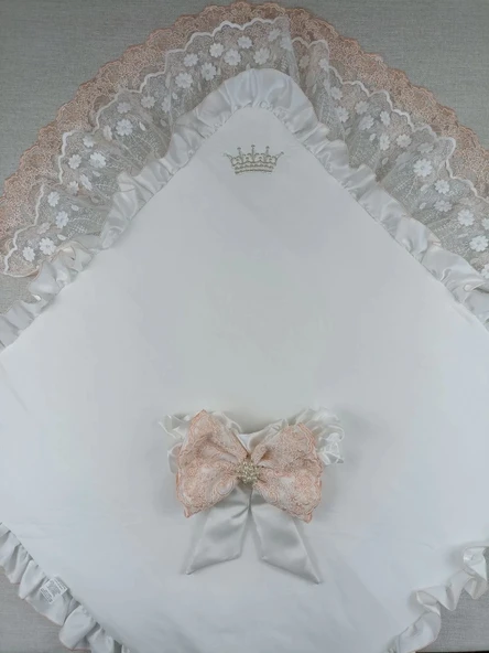 LitaeTrend Yenidoğan Sahra Taç Nakışlı Trilüks Kundak Bebek Battaniyesi Ekru - Resim 3