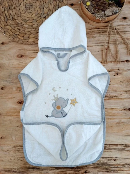 LitaeTrend 0-1 Yaş Sevimli Fil Nakışlı Pareolu 4lü Kız Erkek Bebek Havlu Silgi Takımı Ekru - Resim 3