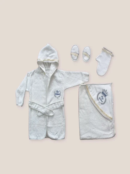 LitaeTrend 0-6 Ay Kaplan Nakışlı Bornozlu 5li Erkek Bebek Havlu Silgi Takımı Mavi ürün görseli 1