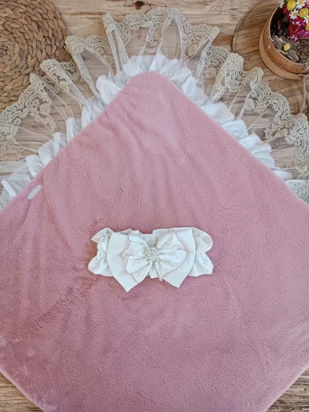LitaeTrend Yenidoğan Wool Yün Kumaş Taç Nakışlı Güpür Duvaklı Fiyonk Prizma Taş Unisex Kundak Bebek Battaniyesi Pembe - Resim 5