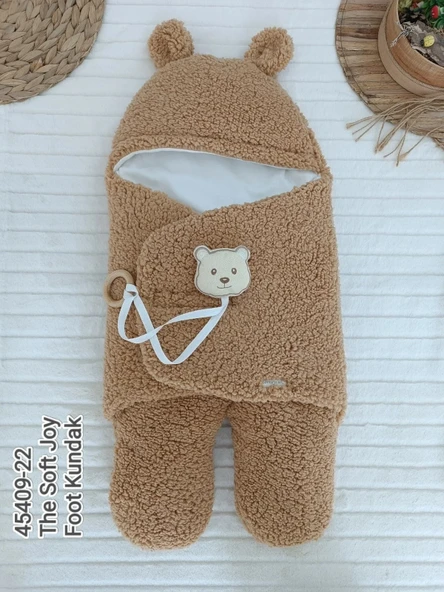 LitaeTrend Yenidoğan Kulaklı Şapkalı Açılır Kucaklı Cırt Kapamalı Ayaklı Bebek Battaniyesi Kundak Kahverengi ürün görseli 1