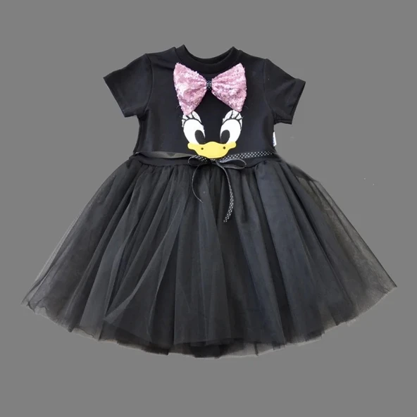 LitaeTrend 1-2-3 Yaş Payet Fiyonk Tokalı Ördek Nakışlı Astarlı Kız Bebek Tütü Elbisesi Siyah ürün görseli 1