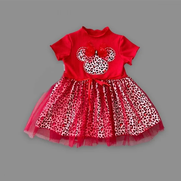 LitaeTrend 1-2-3 Yaş Fiyonklu Mickey Astarlı Etekli Kız Bebek Tütü Elbisesi Kırmızı - Resim 2