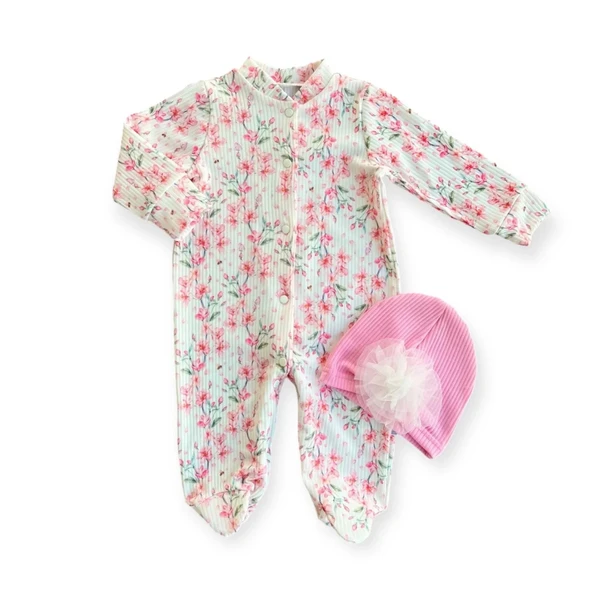 LitaeTrend 0-3-6-9 Ay Çiçek Baskılı Tam Boy Çıtçıtlı Patikli Güllü Boneli Kız Bebek Tulumu Pembe ürün görseli 1