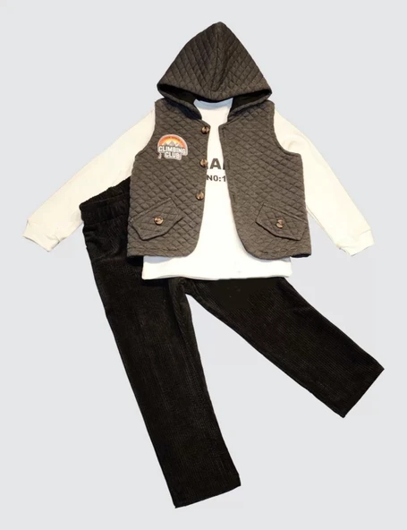 LitaeTrend 3-4-5 Yaş Fitilli Kadife Pantolon Kapitone Kapşonlu Yelek Uzun Kollu Sweat 3lü Erkek Çocuk Takımı Füme ürün görseli