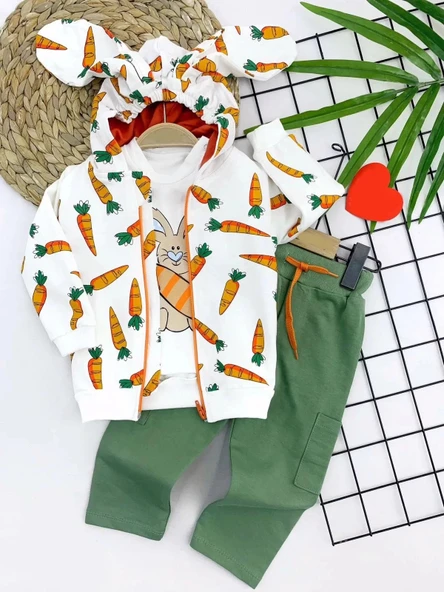 LitaeTrend 9-12-18-24 Ay Havuçlu Kulaklı Kapşonlu Fermuar Kapamalı 3lü Erkek Bebek Takımı Ekru ürün görseli 1