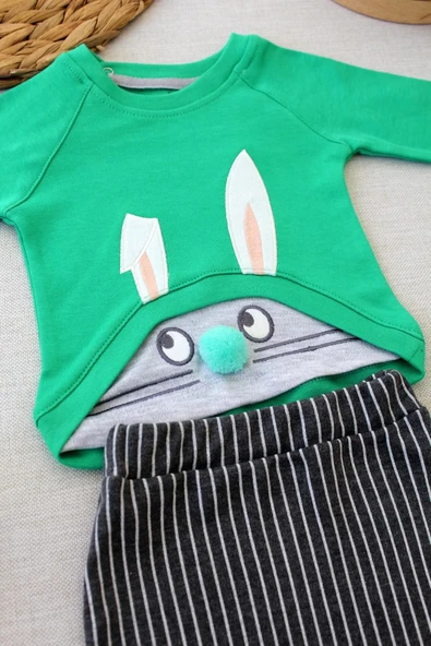 LitaeTrend 3-6 6-9 9-12 Ay Şımarık Tavşan Nakışlı Şapkalı Uzun Kollu Sweat 3lü Kız-erkek Bebek Takımı Yeşil - Resim 2