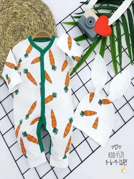 LitaeTrend 3-6-9-12 Ay Kulaklı Şapkalı Havuç Baskılı Boydan Çıtçıtlı Uzun Kollu Kız Erkek Bebek Tulumu Beyaz ürün görseli 1