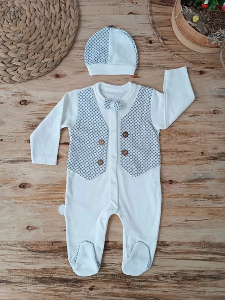 LitaeTrend 0-3 3-6 6-9 Ay Şapkalı Yelek Detaylı Boydan Çıtçıt Erkek Bebek Tulumu Ekru - Resim 3