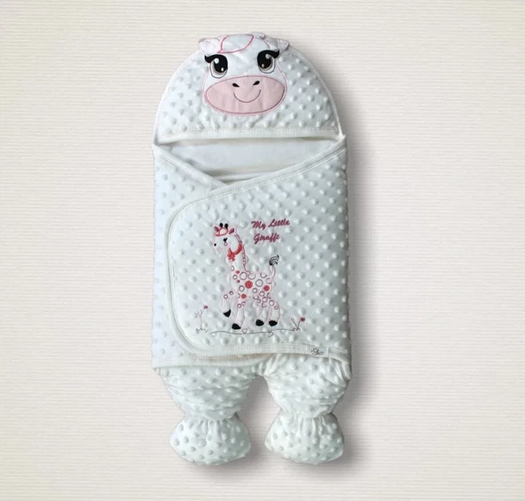 LitaeTrend Yenidoğan Zürafa Nakışlı Şapkalı Kız Erkek Bebek Ayaklı Kundak Bebek Battaniyesi Pembe ürün görseli 1