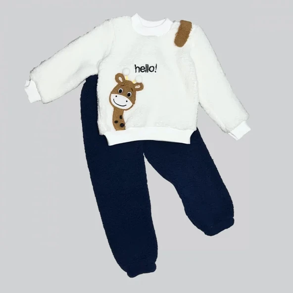 LitaeTrend 1-2-3 Yaş Hello Zürafa Nakışlı Kuzu Kumaş Sweat Pantolon Uzun Kollu Kız Erkek 2 Li Takımı Lacivert ürün görseli