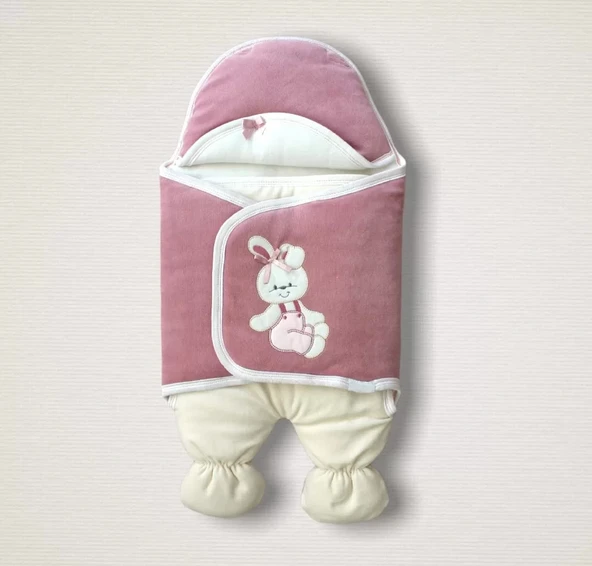 LitaeTrend Yenidoğan Kadife Kumaş Ayıcık Nakışlı Şapkalı Kız Erkek Bebek Ayaklı Kundak Bebek Battaniyesi Gül Kurusu ürün görseli 1