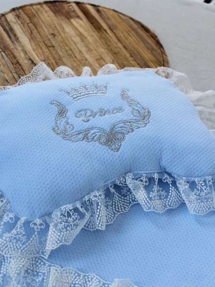 LitaeTrend Yenidoğan Sahra Taç Nakışlı Trilüks 2li Alt Açma Seti Mavi - Resim 4