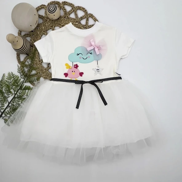 LitaeTrend 1-2-3 Yaş Tül Tokalı Bulut Civciv Ve Yıldız Nakışlı Kız Bebek Elbisesi Beyaz ürün görseli 1