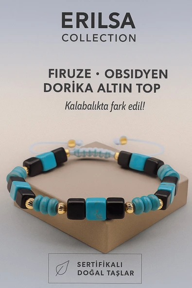 Sertifikalı Obsidyen Dorika Firuze Taşı Bileklik – Kalabalıkta Fark Edil, Enerjini Kor ürün görseli