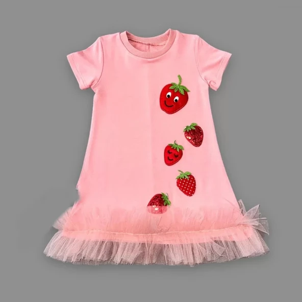 LitaeTrend 1-2-3 Yaş Payetli Çilekler Nakışlı Eteği Fırfırlı Jile Kız Çocuk Elbisesi Gül Kurusu - Resim 2