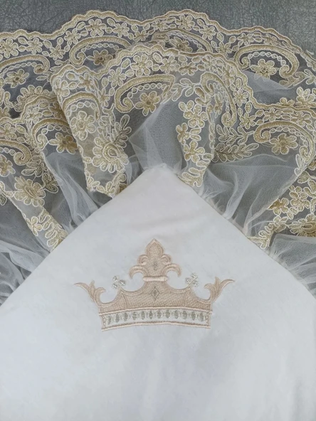 LitaeTrend Yenidoğan Saray Kadife Taç Nakışlı İnci Fiyonklu Çift Dantel Duvak Trilüks Kundak Bebek Battaniyesi Vizon-gol - Resim 5