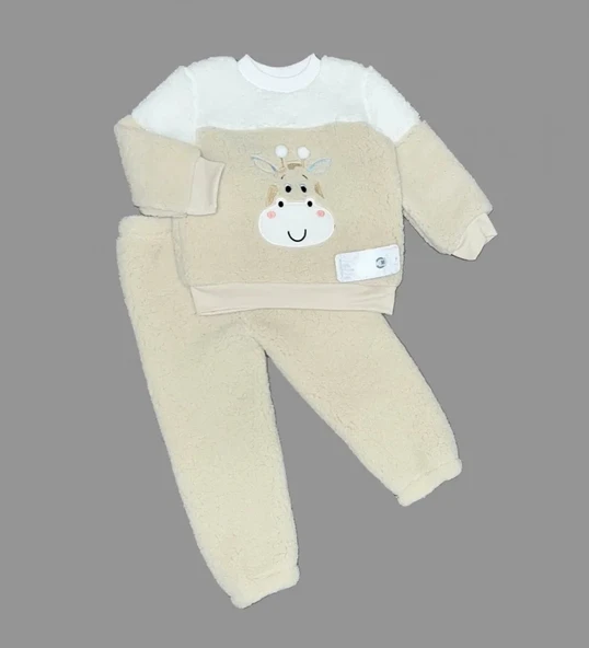 LitaeTrend 1-2-3 Yaş Ponponlu Zürafa Desenli Kuzu Kumaş Uzun Kollu 2li Kız Erkek Çocuk Takımı Bej ürün görseli 1