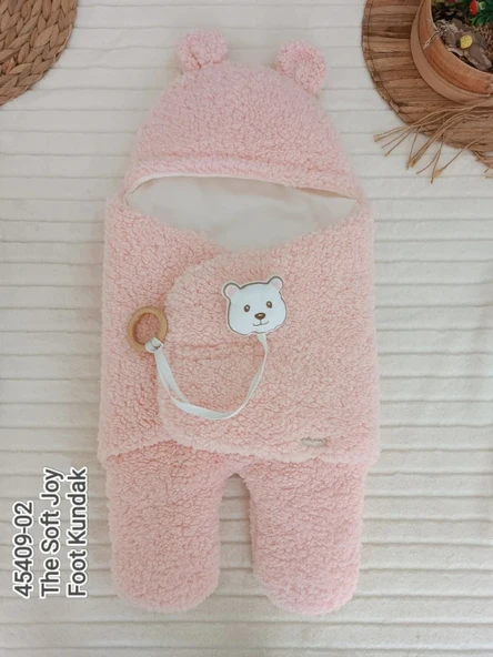 LitaeTrend Yenidoğan Kulaklı Şapkalı Açılır Kucaklı Cırt Kapamalı Ayaklı Bebek Battaniyesi Kundak Pembe ürün görseli 1