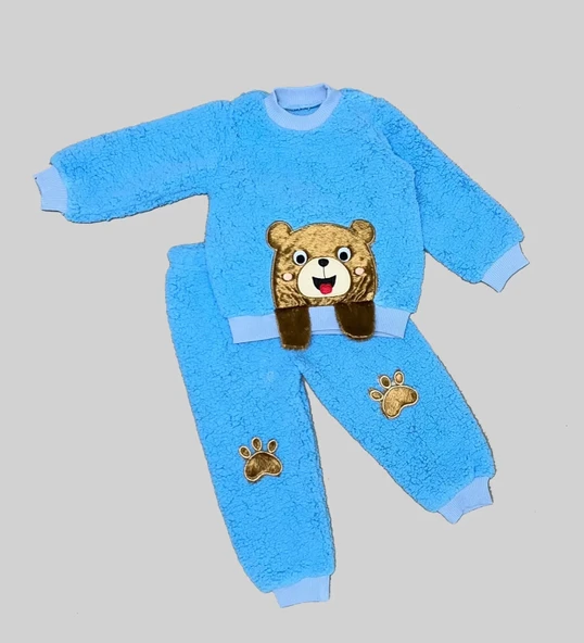 LitaeTrend 1-2-3 Yaş Sallanan El Ayıcıklı Kuzu Kumaş Sweat Patili Pantolon Uzun Kollu Kız Erkek 2 Li Takımı Saks Mavisi ürün görseli