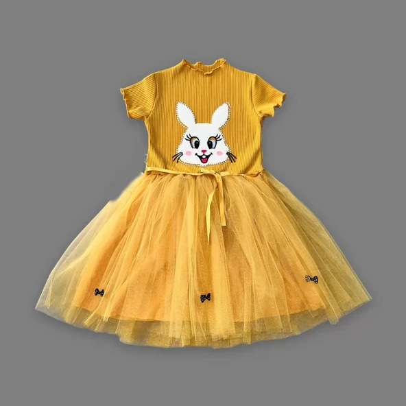 LitaeTrend 5-6-7 Yaş Payetli Tavşan Baskılı Kız Çocuk Elbisesi Hardal ürün görseli 1