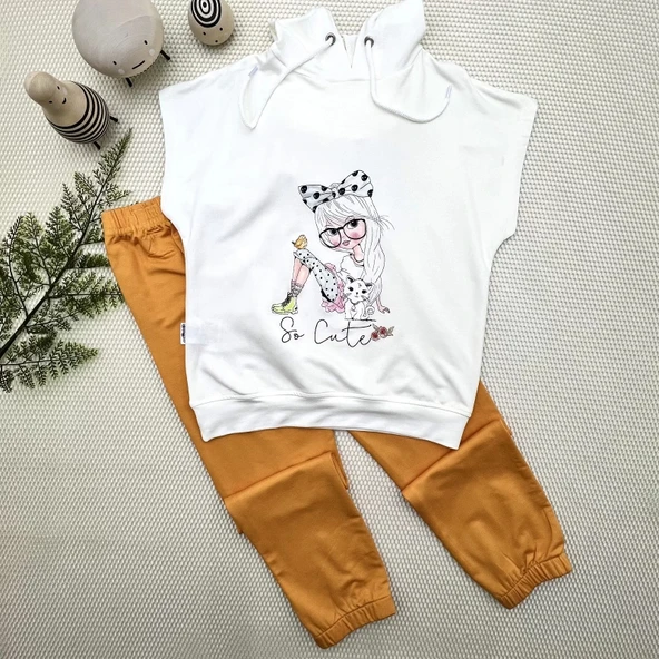 LitaeTrend 3-4-5 Yaş Kapşonlu Sevimli Kız Baskılı Kısa Kolu 2li Kız Erkek Çocuk Takımı Hardal ürün görseli 1