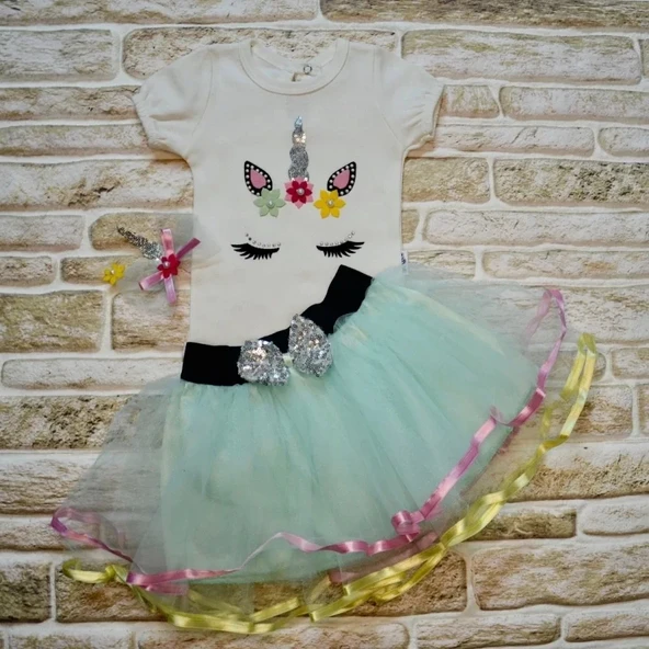 LitaeTrend 9-12-18 Ay Payetli Pony Nakışlı Tokalı Kısa Kollu Tütü Etek 3lü Kız Bebek Takımı Su Yeşili ürün görseli 1