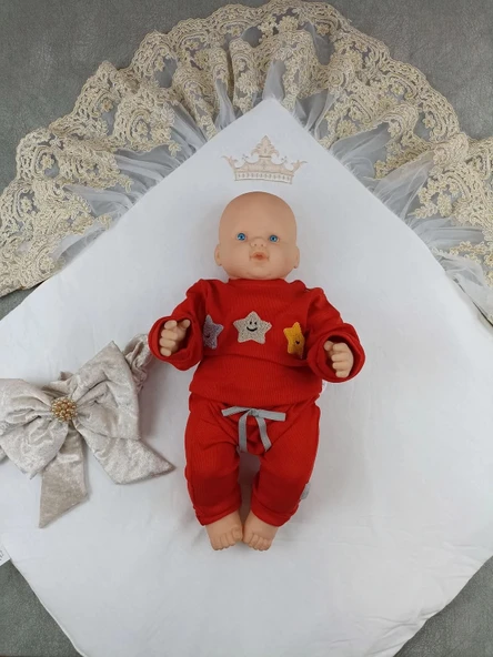 LitaeTrend Yenidoğan Saray Kadife Taç Nakışlı İnci Fiyonklu Çift Dantel Duvak Trilüks Kundak Bebek Battaniyesi Vizon-gol - Resim 4