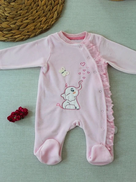 LitaeTrend 3-6 6-9 9-12 Ay Romantik Fil Nakışlı Pembe Süslü Kız Bebek Tulumu Pembe - Resim 2