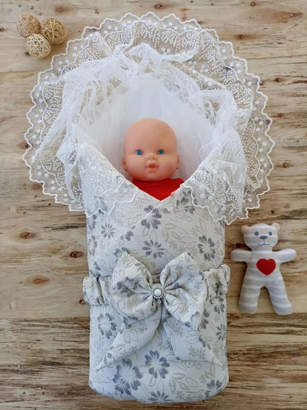 LitaeTrend Yenidoğan Gül Sedefli Duvaklı Taş Fiyonk Erkek Bebek Kumru Kundak Bebek Battaniyesi Lacivert ürün görseli 1