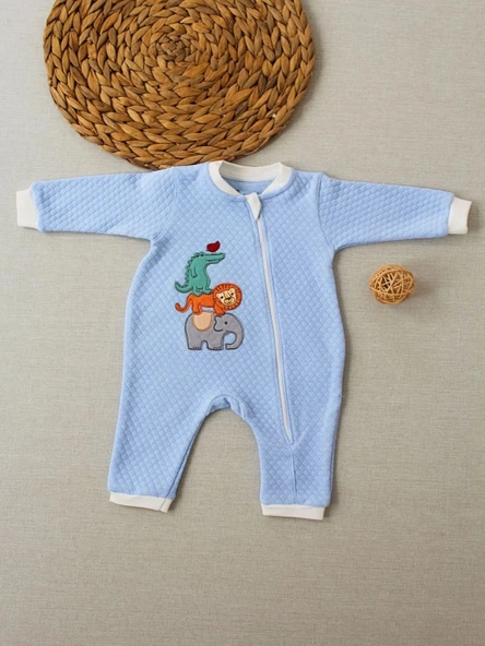 LitaeTrend 6-9 12-18 18-24 24-36 Ay Animal Nakışlı Bal Peteği Kumaş Es Fermuarlı Erkek Bebek Tulumu Mavi ürün görseli