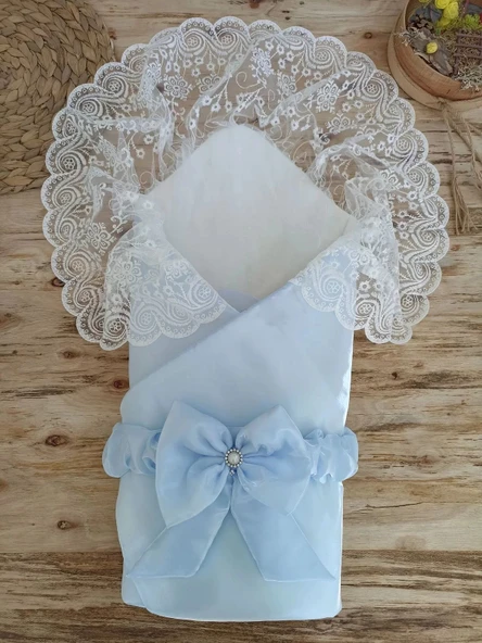 LitaeTrend Yenidoğan Kumru İnci Fiyonk Kristal Parlak Duvaklı Kundak Bebek Battaniyesi Mavi ürün görseli 1