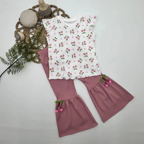 LitaeTrend 1-2-3-4 Yaş Kiraz Baskılı Tişört İspanyol Paçalı Likralı 2li Kız Çocuk Takımı Gül Kurusu - Resim 5