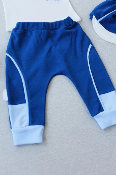 LitaeTrend 3-6 6-9 9-12 Ay Efendi Nakışlı Cep Şapkalı Uzun Kollu Sweat 3lü Erkek Bebek Takımı İndigo - Resim 3