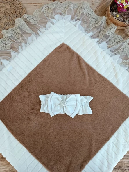 LitaeTrend Yenidoğan Wool Yün Kumaş Taç Nakışlı Güpür Duvaklı Fiyonk Prizma Taş Unisex Kundak Bebek Battaniyesi Kahveren - Resim 5