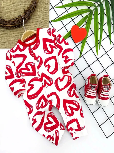 LitaeTrend 3-6-9-12 Ay Pastal Kalp Baskılı Uzun Kollu Kız Erkek Bebek Tulumu Kırmızı ürün görseli 1