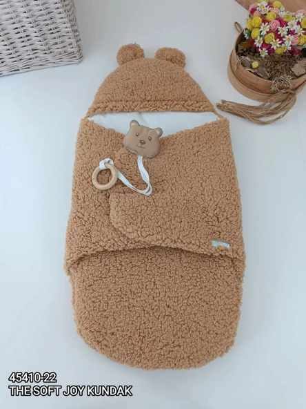 LitaeTrend Yenidoğan Kulaklı Şapkalı Açılır Kucaklı Cırt Kapamalı Bebek Battaniyesi Kundak Kahverengi ürün görseli 1