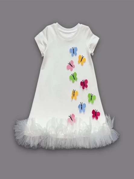LitaeTrend 1-2-3 Yaş Renkli Kelebekler Nakışlı Eteği Fırfırlı Jile Çocuk Elbisesi Beyaz ürün görseli 1