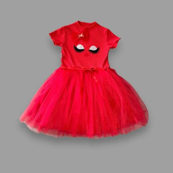 LitaeTrend 5-6-7 Yaş Payetli Süslü Yüz Baskılı Kız Çocuk Elbisesi Kırmızı ürün görseli 1