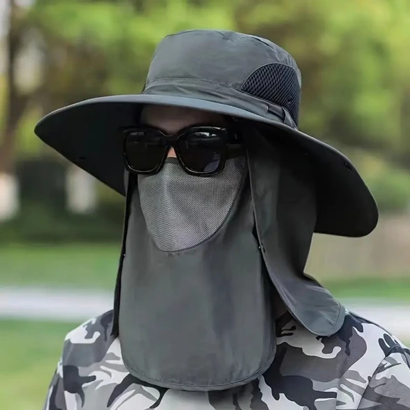BUFFER® Güneş Koruyuculu Nefes Alabilen Maskeli ve Boyun Kapaklı Geniş Kenarlı Balıkçı Şapkası - Resim 4