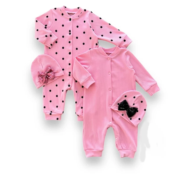 LitaeTrend 0-3 3-6 6-9 Ay Payetli Şapka Çıtçıt Kapamalı Puantiyeli Ve Düz 2 Li Kombin Kız Bebek Tulumları Pembe ürün görseli 1