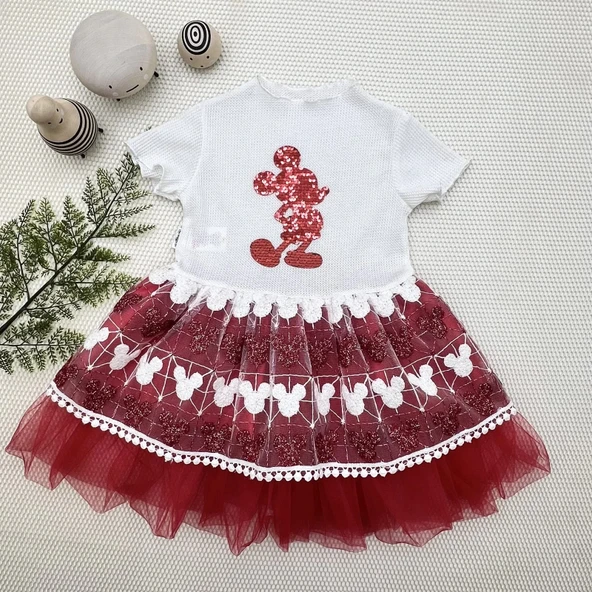 LitaeTrend 1-2-3 Yaş Payetli Mickey Baskılı Brode Etekli Kız Bebek Elbisesi Kırmızı ürün görseli 1