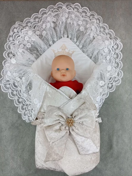 LitaeTrend Yenidoğan Saray Kadife Taç Nakışlı İnci Fiyonklu Çift Dantel Duvak Trilüks Kundak Bebek Battaniyesi Vizon-ekr - Resim 2