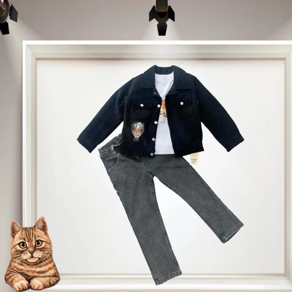 LitaeTrend 3-4-5 Yaş Fitilli Kadife Ceket Kot Pantolonlu 3lü Kız Erkek Çocuk Takımı Siyah ürün görseli 1