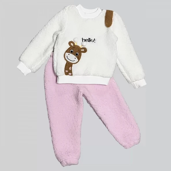 LitaeTrend 1-2-3 Yaş Hello Zürafa Nakışlı Kuzu Kumaş Sweat Pantolon Uzun Kollu Kız Erkek 2 Li Takımı Pembe ürün görseli