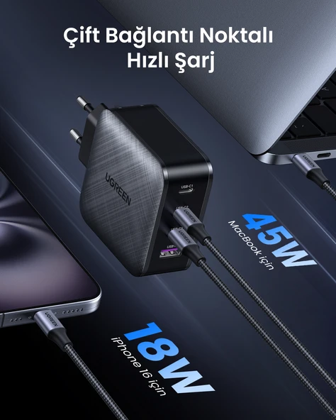 UGREEN 65W Şarj Cihazı Type-C 3xUSB-C, 1xUSB-A, Siyah, 70774 - Resim 3