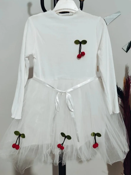 LitaeTrend 5-6-7 Yaş Kiraz Desenli Kurdela Kuşaklı Astarlı Uzun Kollu Kız Çocuk Tütü Elbise Beyaz - Resim 3